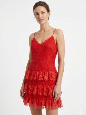 ML MONIQUE LHUILLIER RED LACE SLEEVELESS TIERED COCKTAIL DRESS - 4